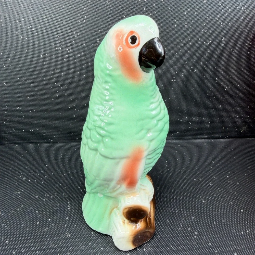 Vintage Green Parrot Ceramic Figurine Made in Brazil Tropical Bird Marked 7 inch
